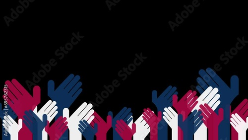 Animation of rising hands in colors of US flag on black background. Voting on American president elections 2024. Alpha included photo