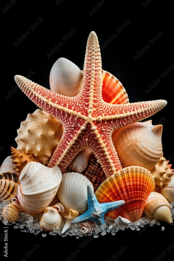 A collection of sea shells and starfish arranged in a pile on a black background. Perfect for beach-themed designs or nature-inspired projects A collection of sea shells and starfish arranged in a pile on a black background. Perfect for beach-themed designs or nature-inspired projects