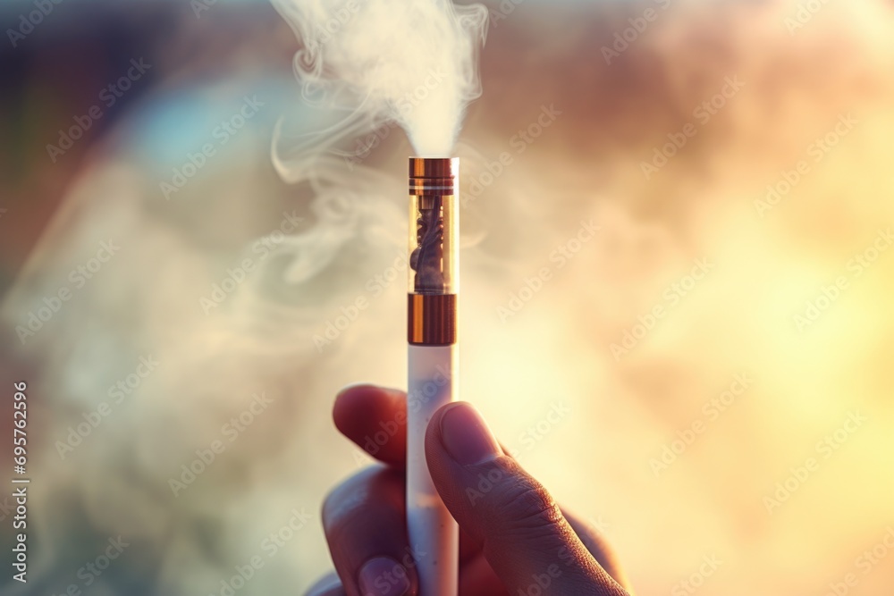 A person holding a cigarette with smoke coming out of it. Can be used to illustrate smoking, addiction, or relaxation