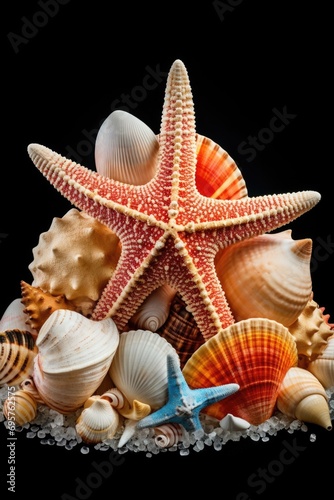 A collection of sea shells and starfish arranged in a pile on a black background. Perfect for beach-themed designs or nature-inspired projects