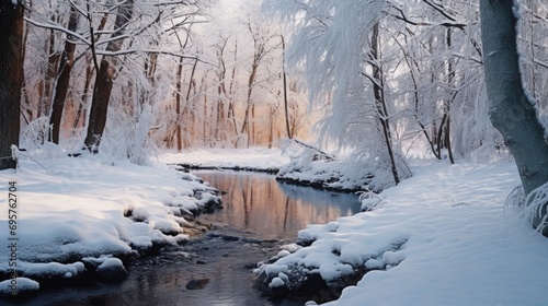 A picturesque scene of a snow-covered forest with a stream flowing through it. Perfect for winter-themed projects or nature-related designs