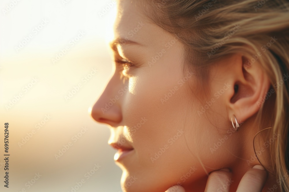 Obraz premium A detailed close-up of a person showcasing their ear piercings. This image can be used to illustrate body modifications or to showcase different earring styles