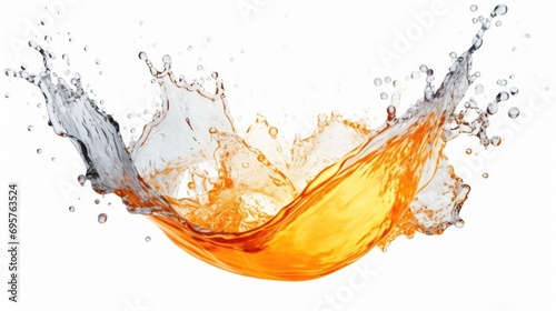 A vibrant splash of orange juice on a clean white background. Perfect for refreshing beverage concepts or summer-themed designs