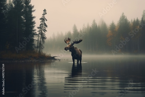 A moose stands in the middle of a serene lake. Perfect for nature and wildlife enthusiasts. © Fotograf
