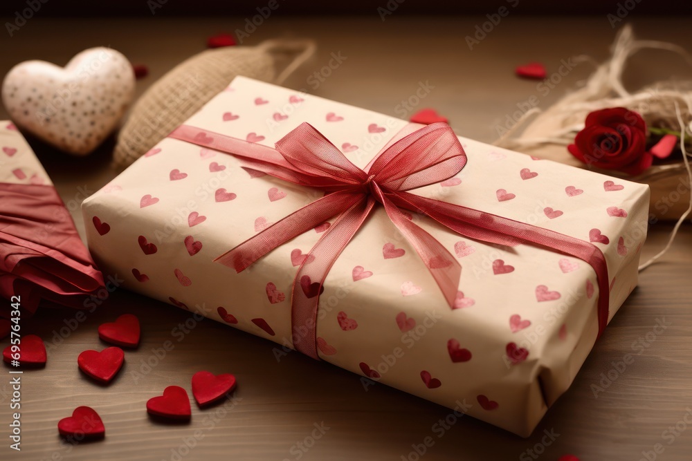 Gift in craft paper with red hearts and bow. Generative AI Gift in craft paper with red hearts and bow. Generative AI