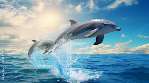 Playful dolphins leaping in crystal-clear waters, their sleek bodies caught in a moment of joyful motion in the pristine ocean