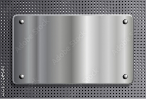 Polished nickel plate against of a metal sheet with regular pattern of holes, illustration.