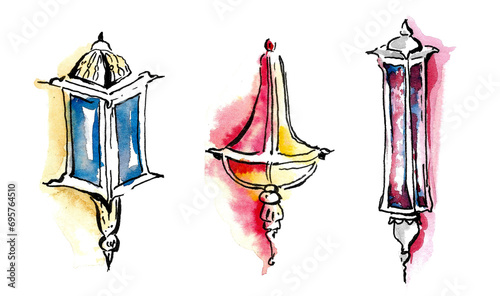 Arabian night. A set of three lanterns with elements of blue, red and yellow glass and pink stained glass, on a complex openwork base. Hand drawn watercolor painting on white background