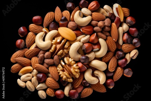 A pile of nuts on a black background. Ideal for food and nutrition-related projects