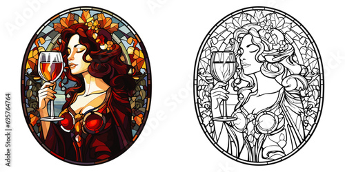 Beautiful Woman and Wine Glass Coloring Page in Stained Glass Style – Flat Color Vector on White Background