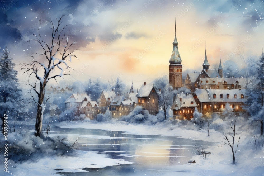 A beautiful painting depicting a winter scene with a church. Perfect for adding a touch of winter charm to any space