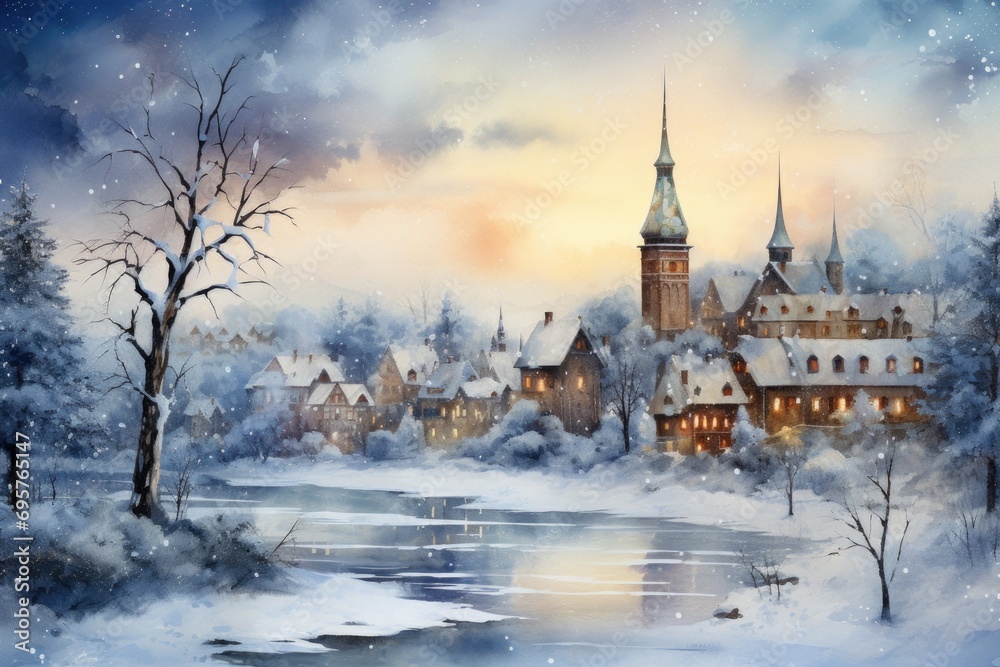 Obraz premium A beautiful painting depicting a winter scene with a church. Perfect for adding a touch of winter charm to any space