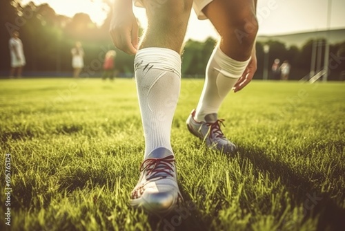 A soccer player is shown in the midst of preparing to kick a ball. This image can be used to depict the excitement and intensity of a soccer match