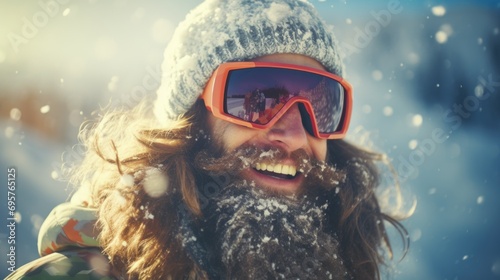 A man with long hair and a beard is pictured wearing ski goggles. This image can be used to depict a winter sports enthusiast or someone preparing for a skiing or snowboarding adventure photo