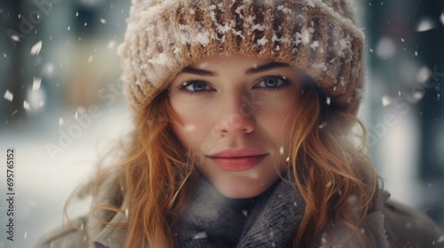 A woman wearing a hat and scarf stands in the snow. This image can be used to depict winter fashion or the beauty of snowy landscapes