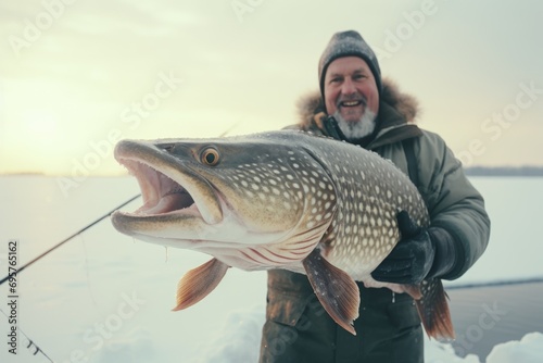 A man holding a large fish in a snowy landscape. This picture can be used to illustrate winter fishing or outdoor activities in cold weather