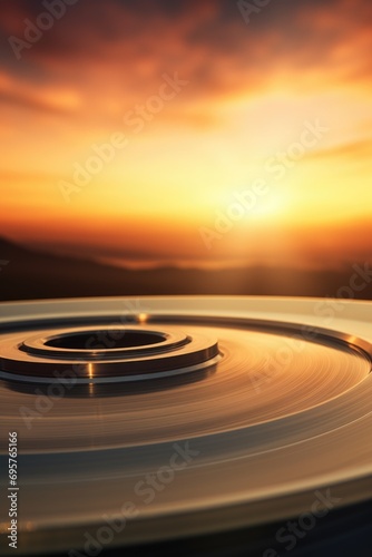 A close-up view of a disc with a stunning sunset in the background. Perfect for adding a touch of beauty and tranquility to any project