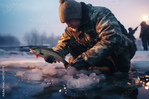 A man kneeling on ice, holding a fish. Perfect for outdoor activities and fishing enthusiasts