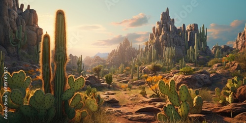 A scenic desert landscape featuring cactus plants and rocks. Perfect for nature and travel themes photo