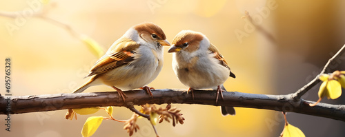 Two tree sparrows on the branch in a garden
