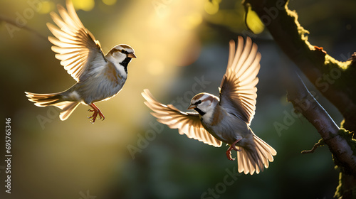 Two tree sparrows flying in garden at sunset © May Thawtar