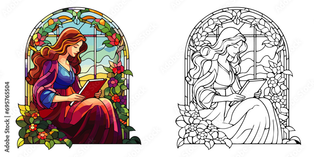 Beautiful Woman Reading a Book Coloring Page in Stained Glass Style – Flat Color Vector on a White Background