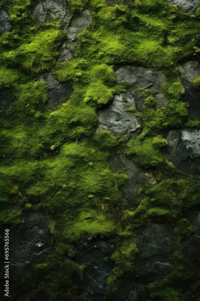 Close up view of a rock wall covered in vibrant green moss. Perfect for nature or outdoor themed projects