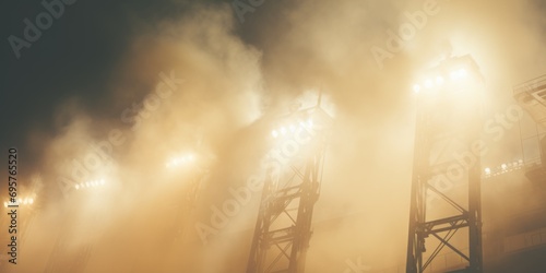 A baseball stadium with billowing smoke, creating a dramatic and intense atmosphere. Perfect for depicting the excitement and intensity of a sports event photo