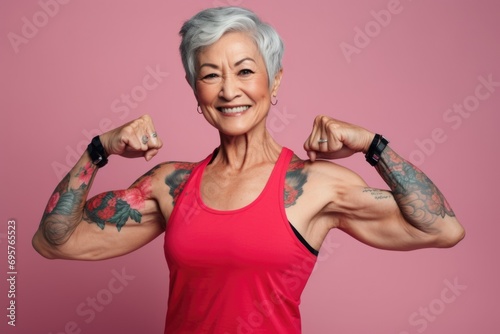 An older woman showcasing her strength by flexing her muscles. This image can be used to promote fitness and healthy aging photo