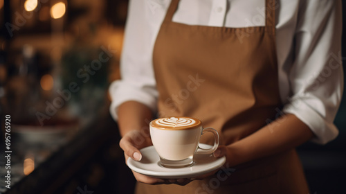 Close up of woman barista with brown apron holding cup of coffee photo