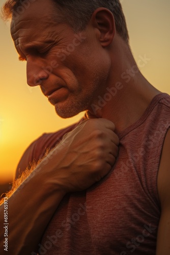 A man standing with his arm wrapped around his chest. This image can be used to depict protection, insecurity, or vulnerability photo