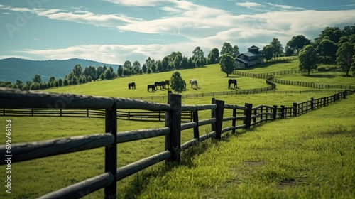 Horses peacefully grazing in a fenced pasture. Perfect for agricultural and rural themes
