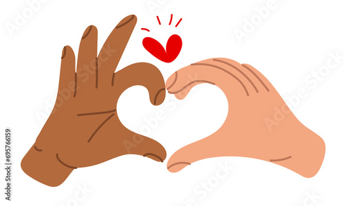 Hands with a heart sign, the designation I love you. Valentine's Day images, heart shapes with different hands. The heart sparkles connecting two people. Variety of hands. Halves with different hands