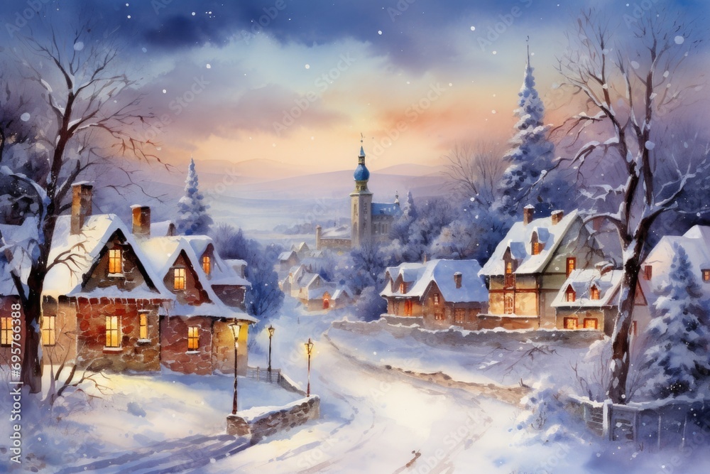 A beautiful painting of a peaceful snowy village with a charming clock tower. Perfect for winter-themed designs and holiday illustrations