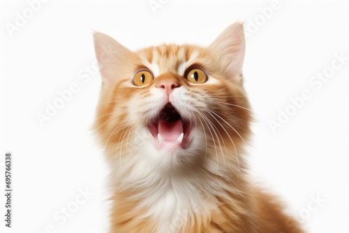 A close-up view of a cat with its mouth open. This image can be used to depict surprise, curiosity, or playfulness in various contexts