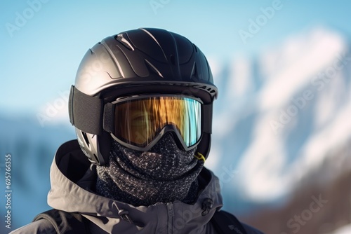 A person wearing a helmet and goggles, ready for winter sports. Perfect for outdoor activities and winter sports promotions