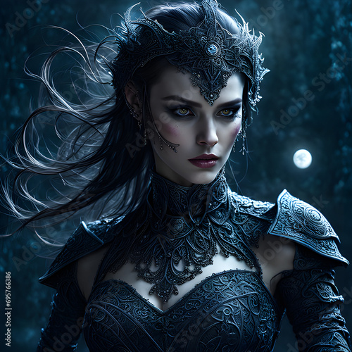 An enchanting necromancer in detailed lace and armor, her rotting skin illuminated by fairy lights, creates a hyper-realistic, high-contrast masterpiece with vivid cinematic colors, showcased in high- photo