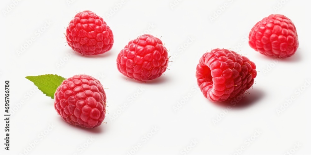 Fresh and juicy raspberries arranged in a group on a clean white surface. Perfect for food blogs, recipe websites, and health-related articles Fresh and juicy raspberries arranged in a group on a clean white surface. Perfect for food blogs, recipe websites, and health-related articles
