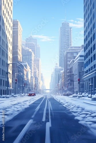 A city street covered in snow. Perfect for winter-themed projects © Fotograf