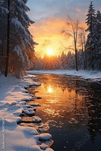 The sun is setting over a snowy river. Perfect for winter landscapes and scenic nature photography