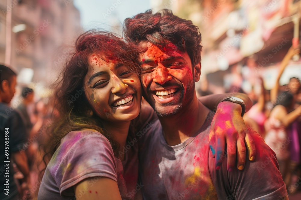Obraz premium Young Indian couple, enjoying at the Holi festival, covered in colored powders on a crowded street