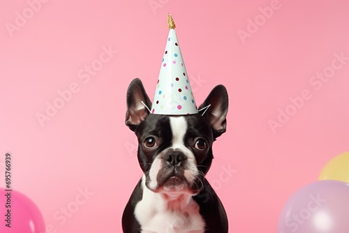 A black and white dog wearing a festive party hat. Perfect for celebrations and pet-themed events