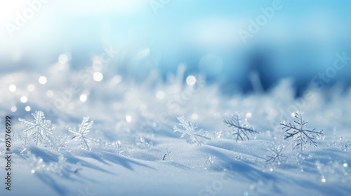 Snow flakes up close on a snowy surface. Perfect for winter-themed designs and holiday projects