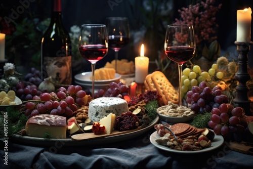 A table topped with plates of food and glasses of wine. Perfect for restaurant menus or food and wine-related content