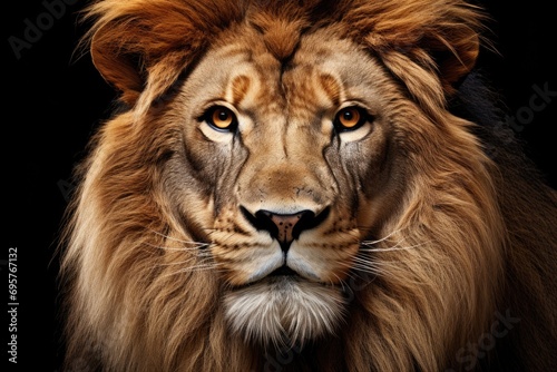 A close up of a lion's face on a black background. Perfect for wildlife enthusiasts or animal-themed designs