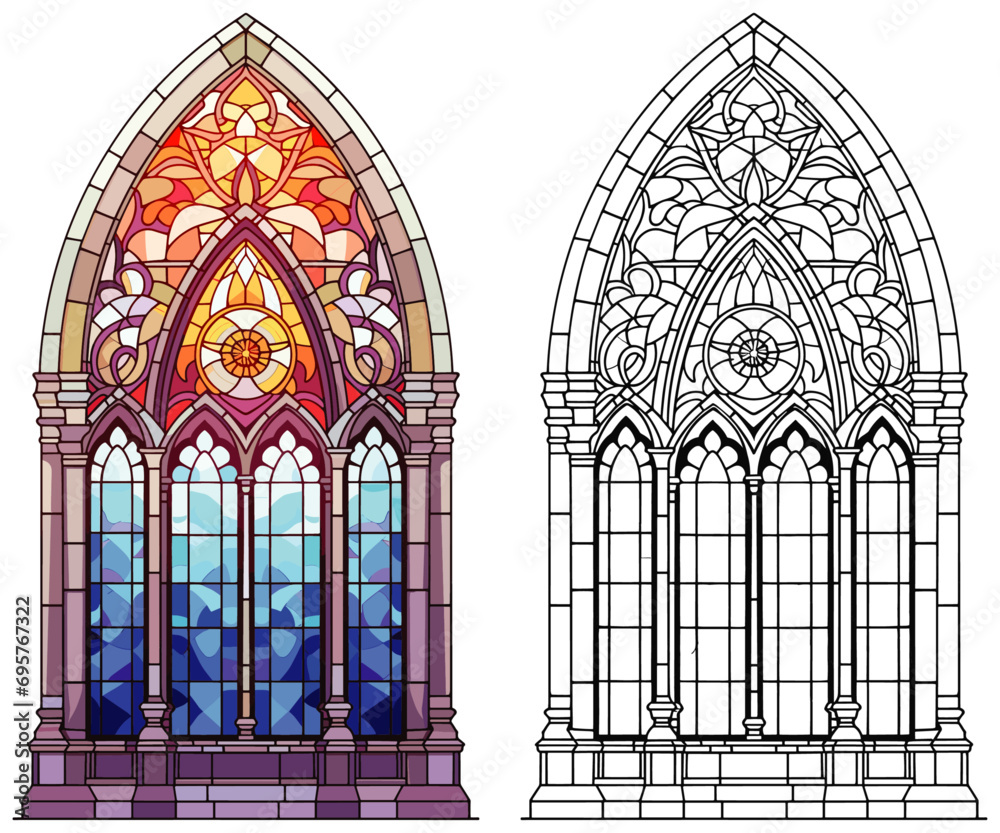Catholic Church Stained Glass Inspired: Coloring Page and Cover Design Vector on White Background