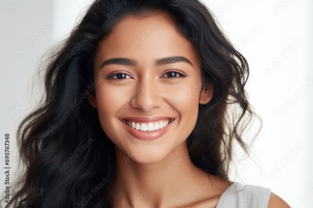A woman with long black hair smiling at the camera. Perfect for advertising and lifestyle themes A woman with long black hair smiling at the camera. Perfect for advertising and lifestyle themes