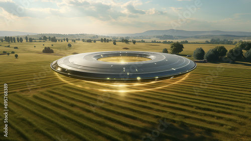  science fiction shot of a UFO over a field