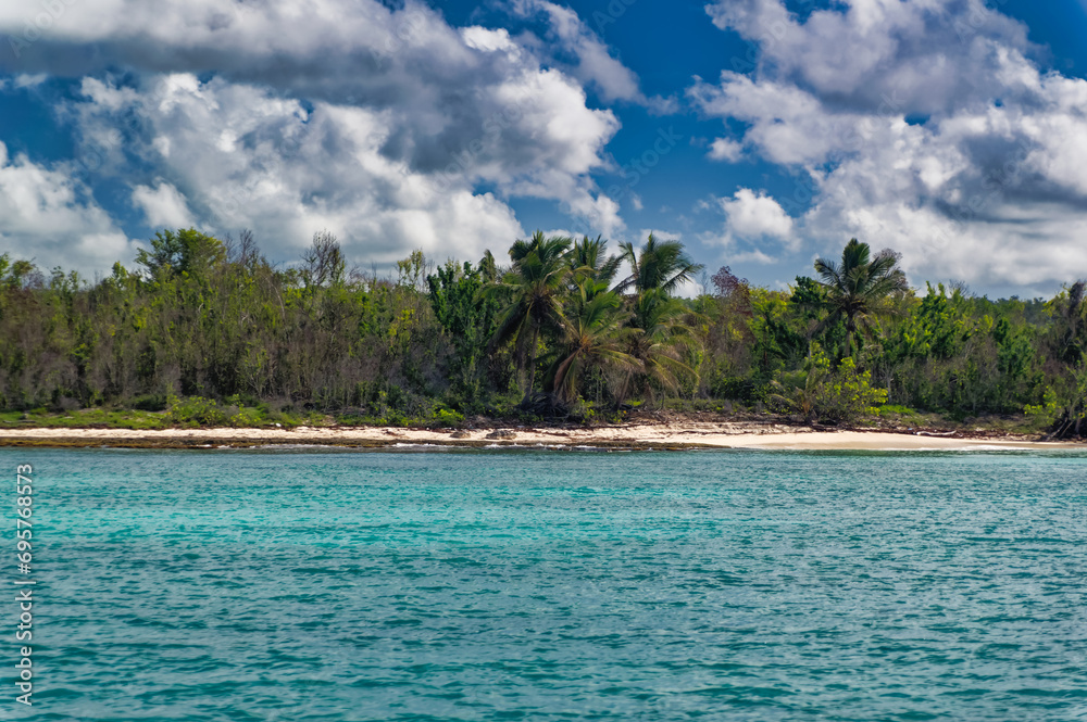 Landscape view to the shore from Caribbean sea.