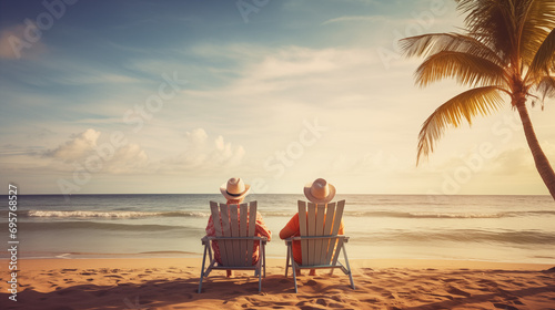 Elderly couple enjoying their retirement at a tropical beach during sunset